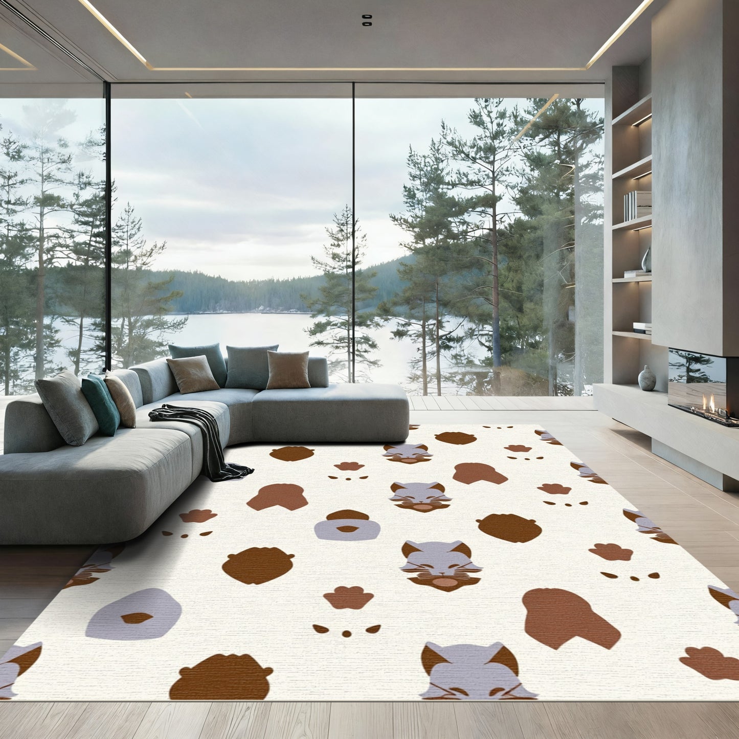 Whimsical Cat Faces Paw Prints Arrangement Rug