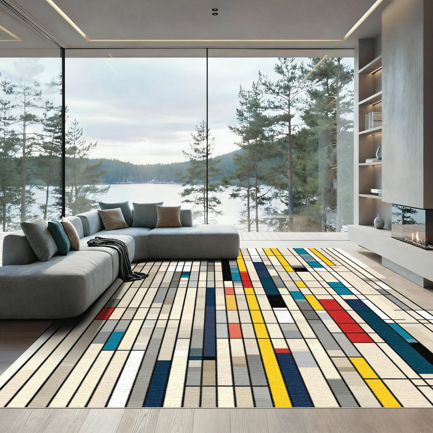 Abstract Geometric Grid Red Yellow Blue Rug