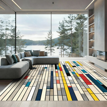Abstract Geometric Grid Red Yellow Blue Rug