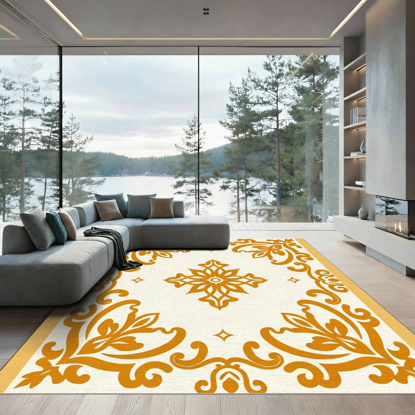 Golden Ochre Floral Scroll Medallion Rug