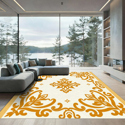 Golden Ochre Floral Scroll Medallion Rug