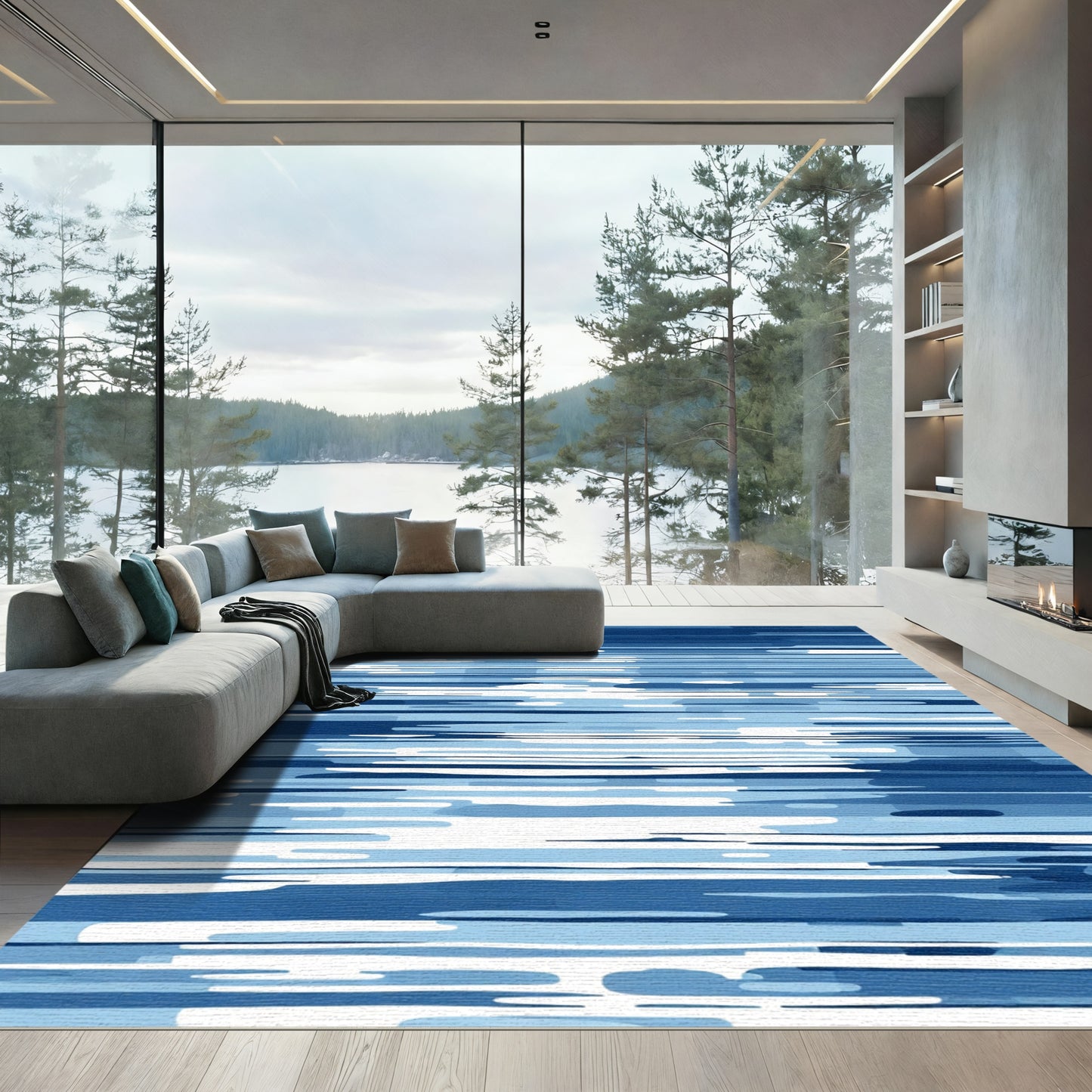 Azure Blue Abstract Stripes Rug