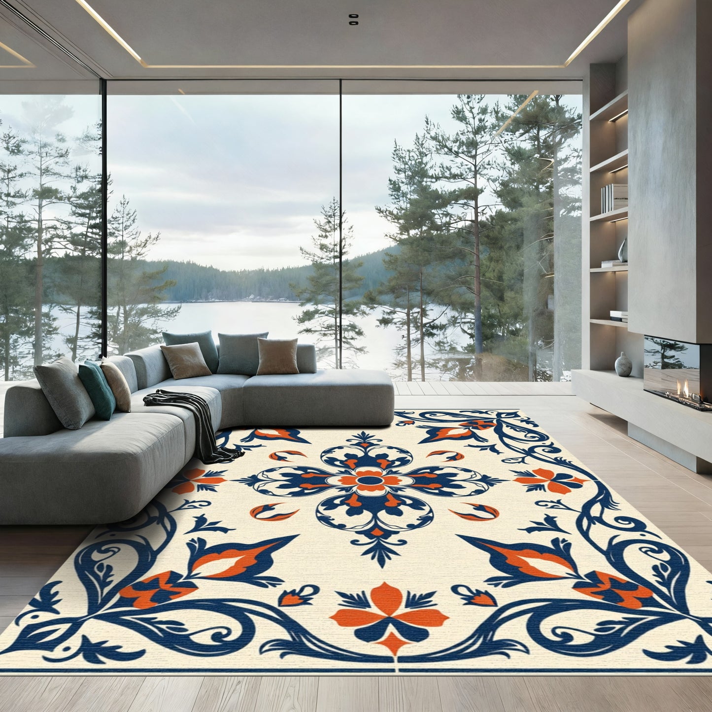 Navy Orange Floral Medallion Rug