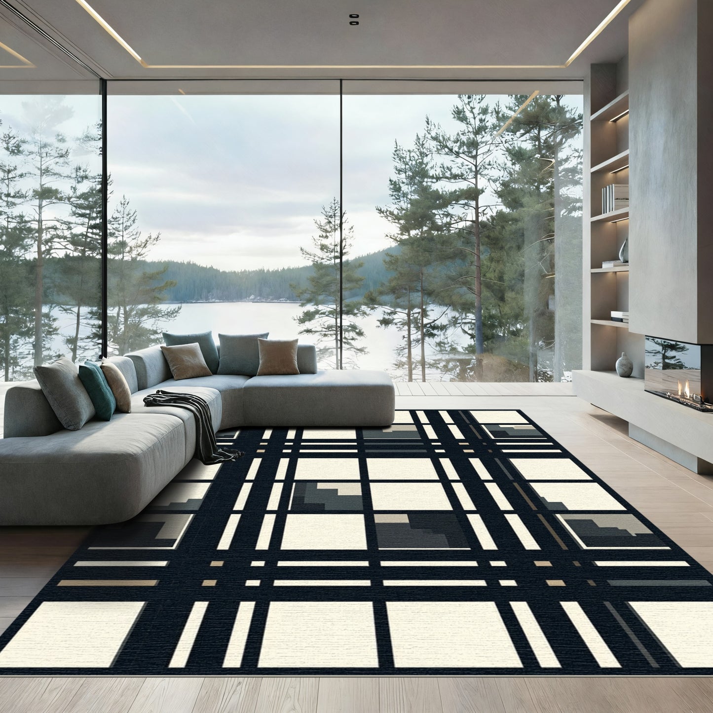 Dark Navy Plaid Abstract Blocks Rug