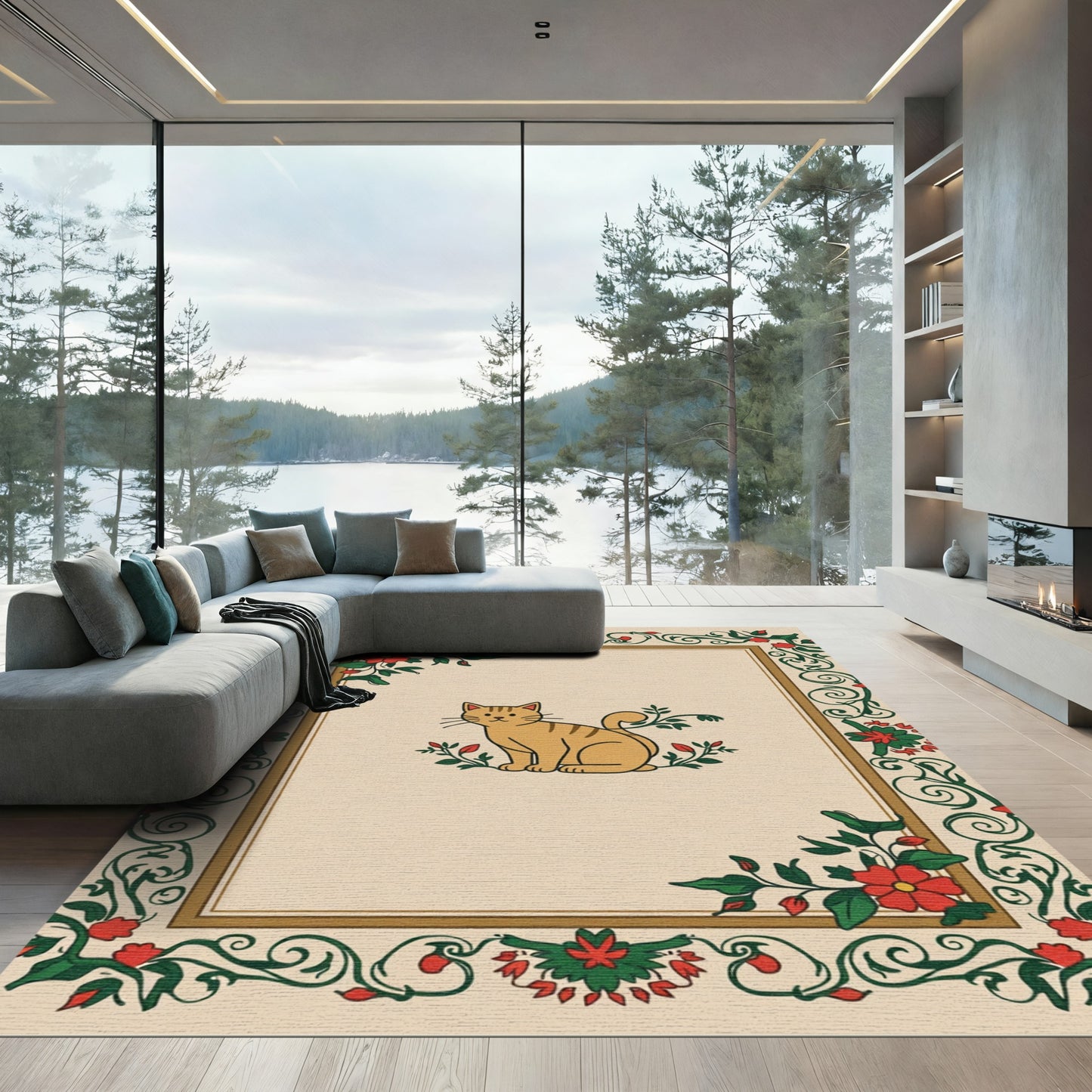Whimsical Orange Tabby Cat Floral Border Rug