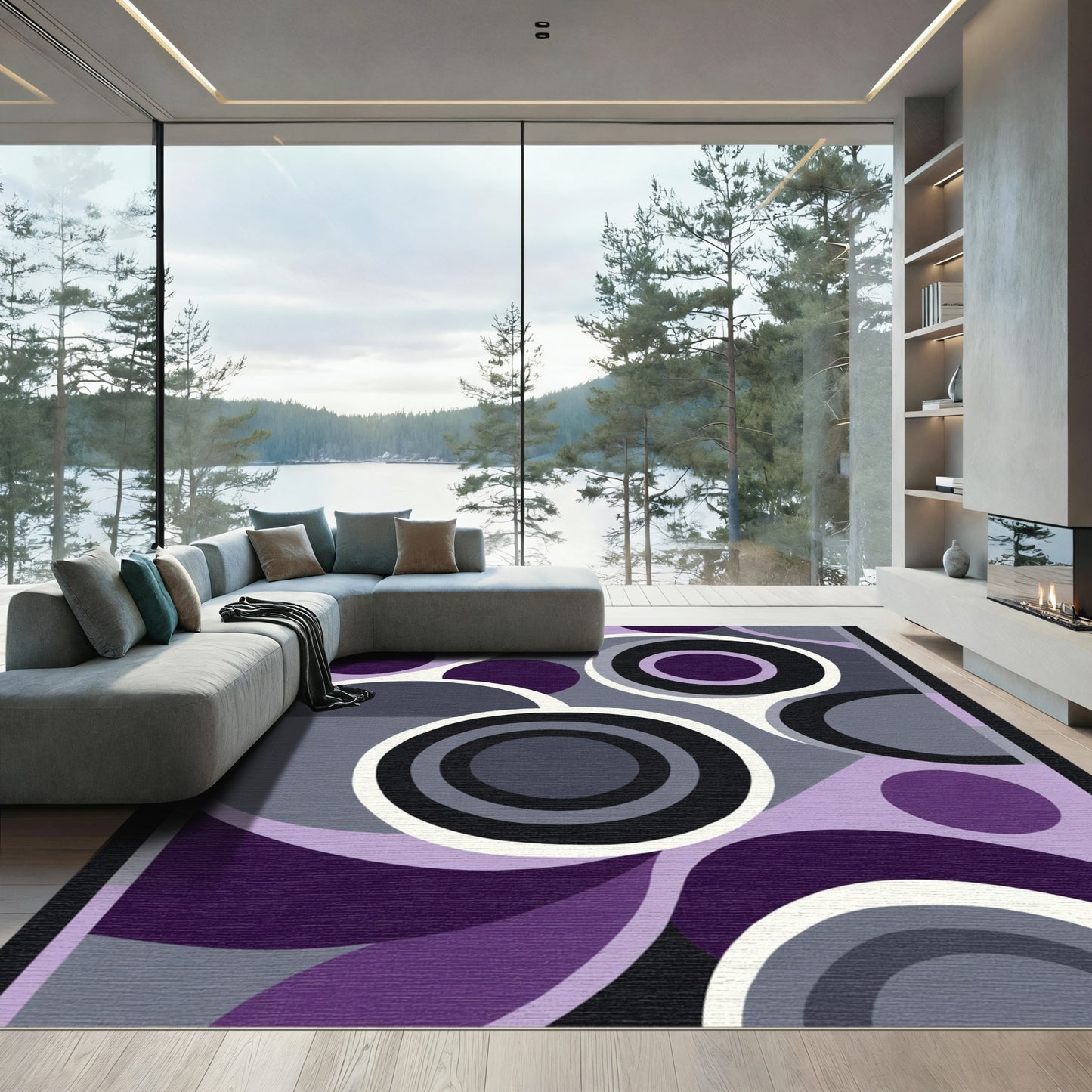 Retro Purple Circles and Waves Rug