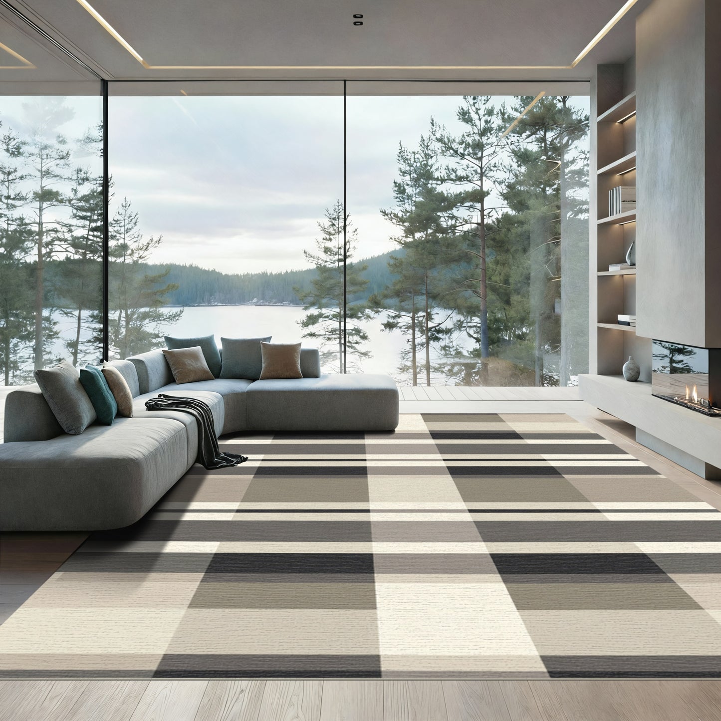 Monochromatic Plaid Geometric Squares Rug