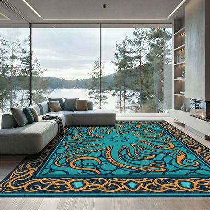 Teal Orange Octopus Tentacle Border Rug