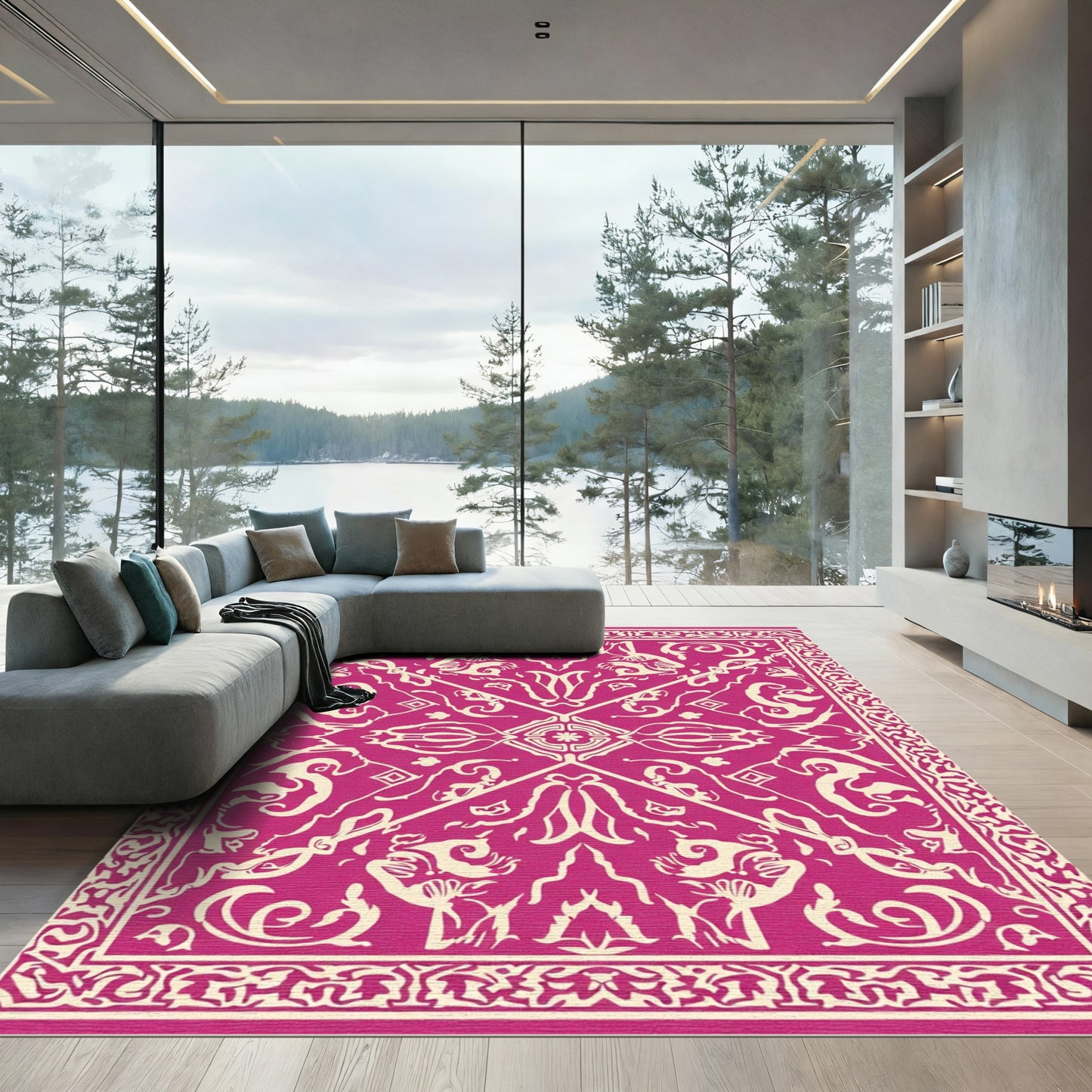 Vivid Magenta Floral Symmetry Rug