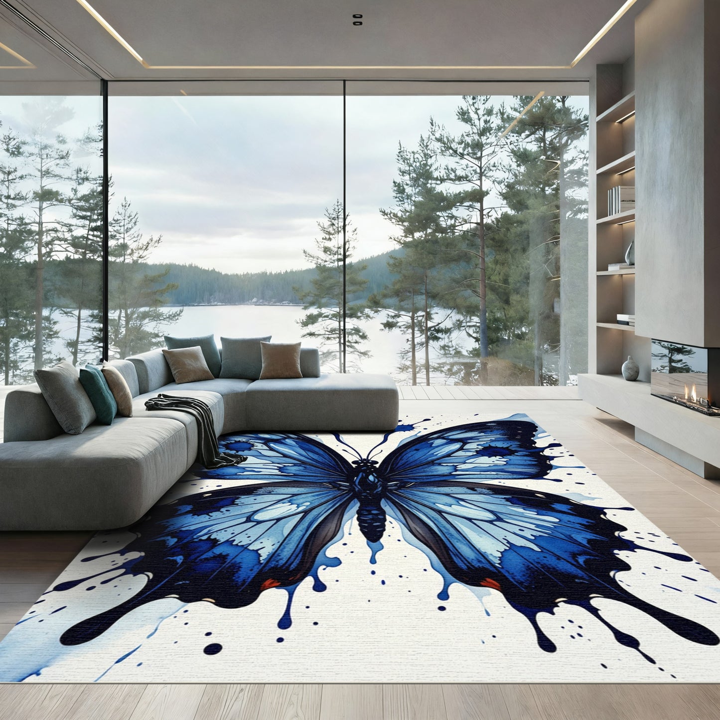 Vibrant Blue Splatter Butterfly Rug