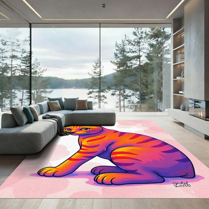 Vibrant Orange Cat Whimsical Stripes Rug