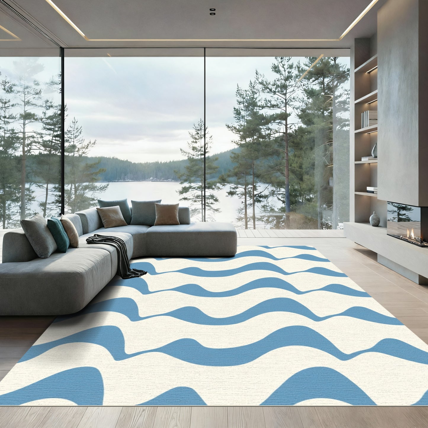 Cerulean Wave Abstract Stripes Rug
