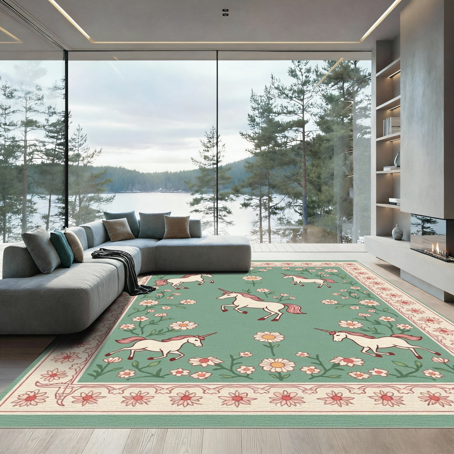 Whimsical Unicorn Meadow Floral Border Rug