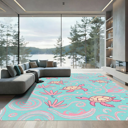 Aqua Pink Turtle Swirls and Fronds Rug