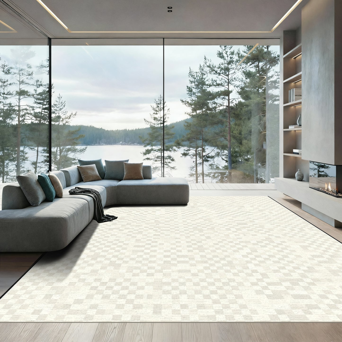Cream Ecru Textured Contemporary Square Rug