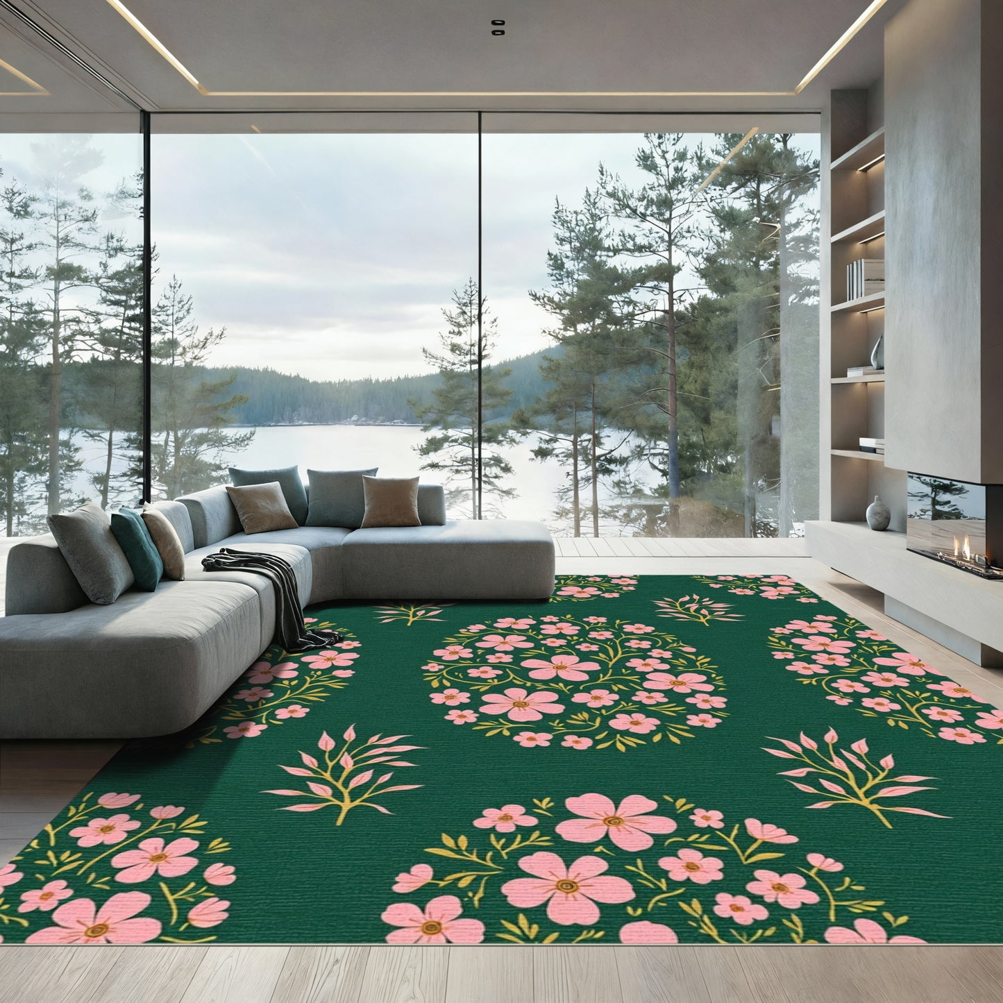 Pink Floral Garland On Dark Green Rug