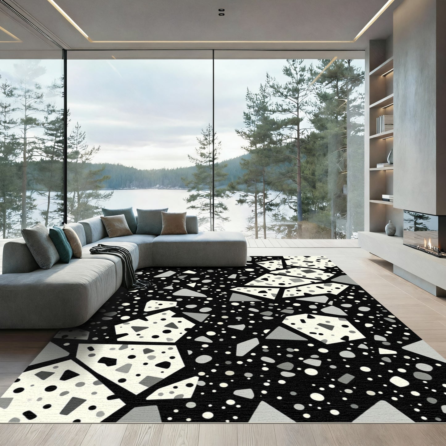 Terrazzo Black White Geometric Mosaic Rug