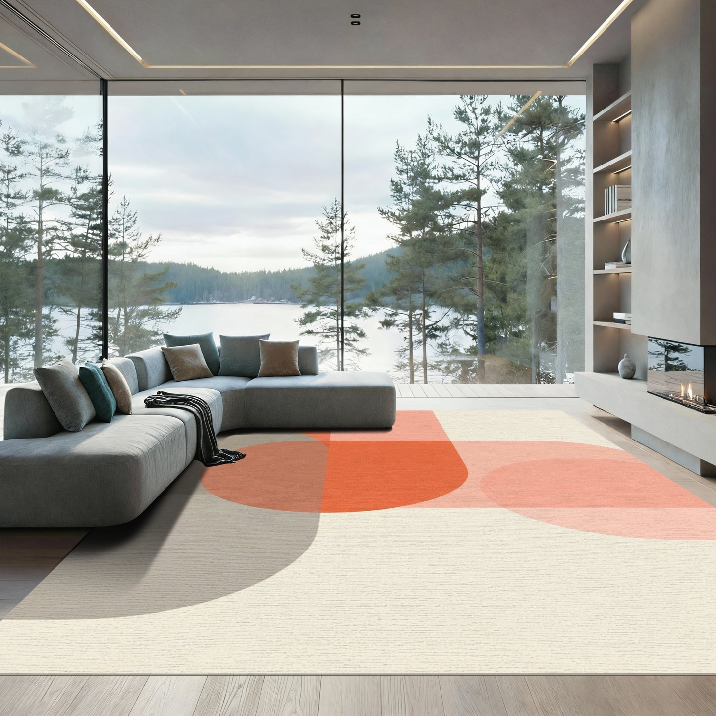 Coral Gray Mid Century Circles Rug