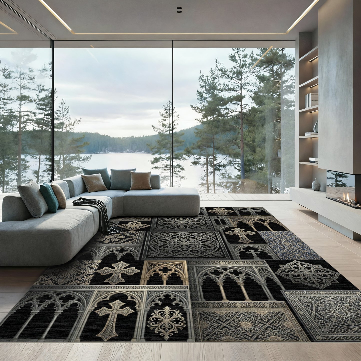 Ornate Gothic Archways Cross Medallion Rug