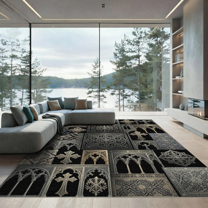 Ornate Gothic Archways Cross Medallion Rug