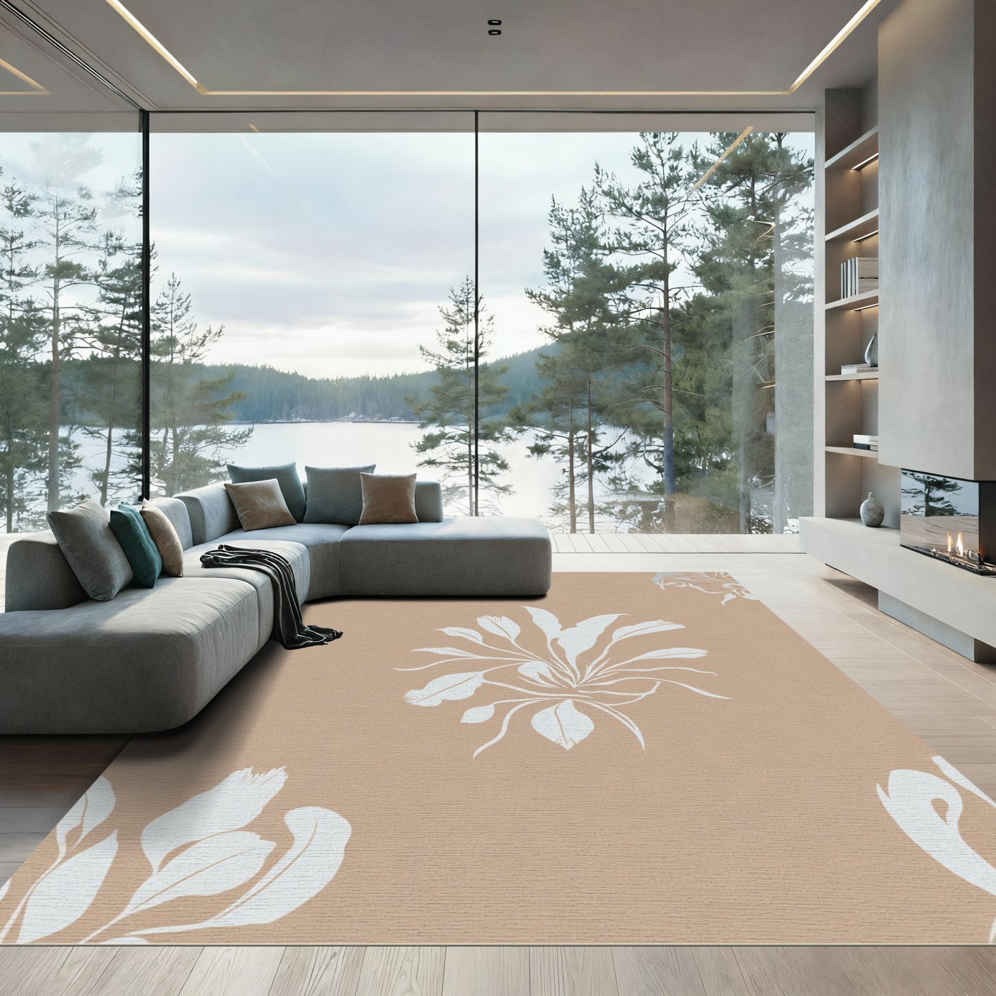Terracotta White Floral Branch Arrangement Rug