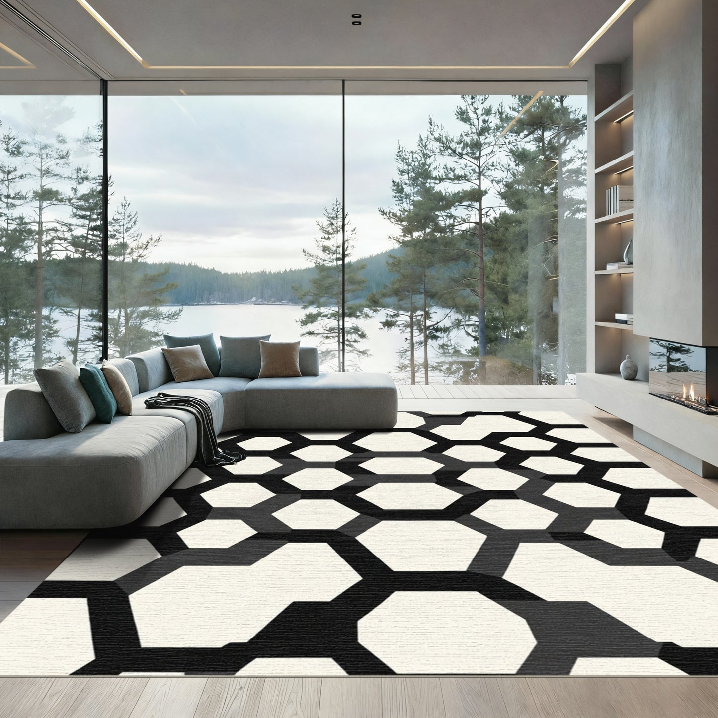 Modern Black White Hexagon Grid Rug