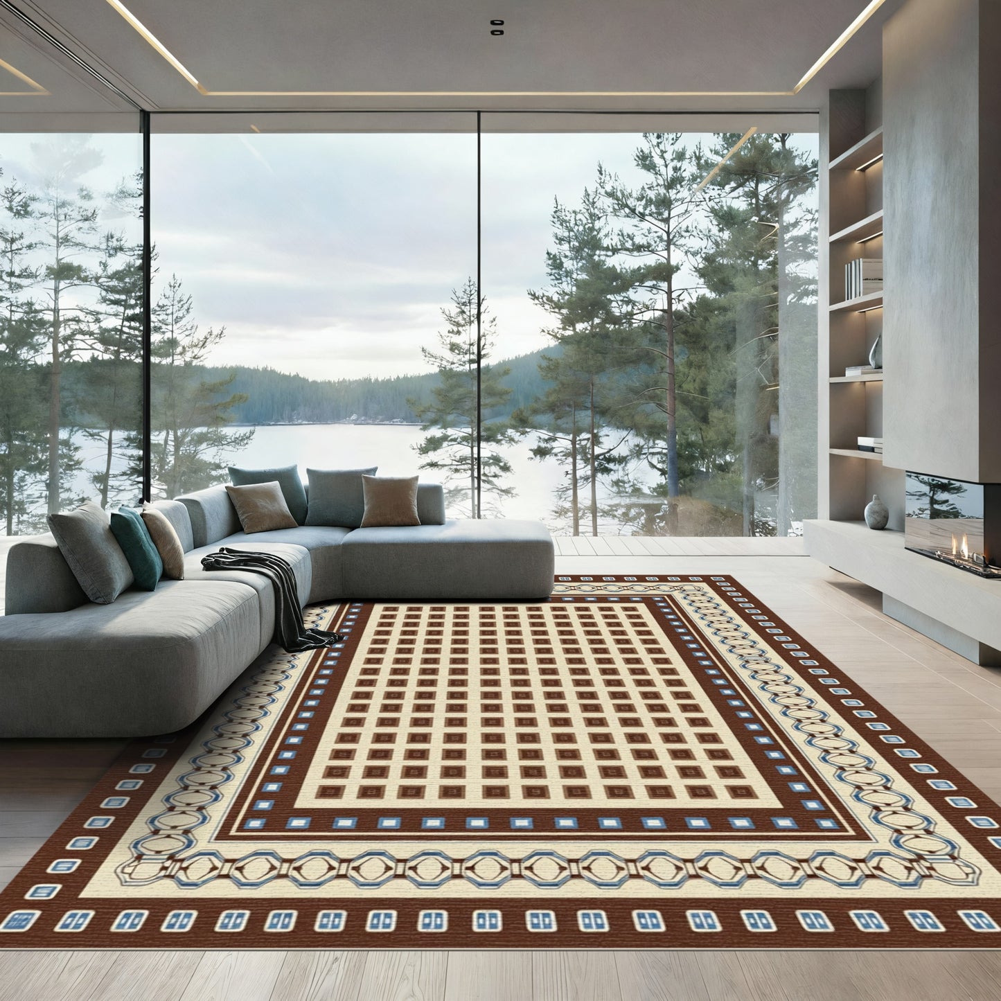 Faded Earthy Tone Geometric Inlay Rug