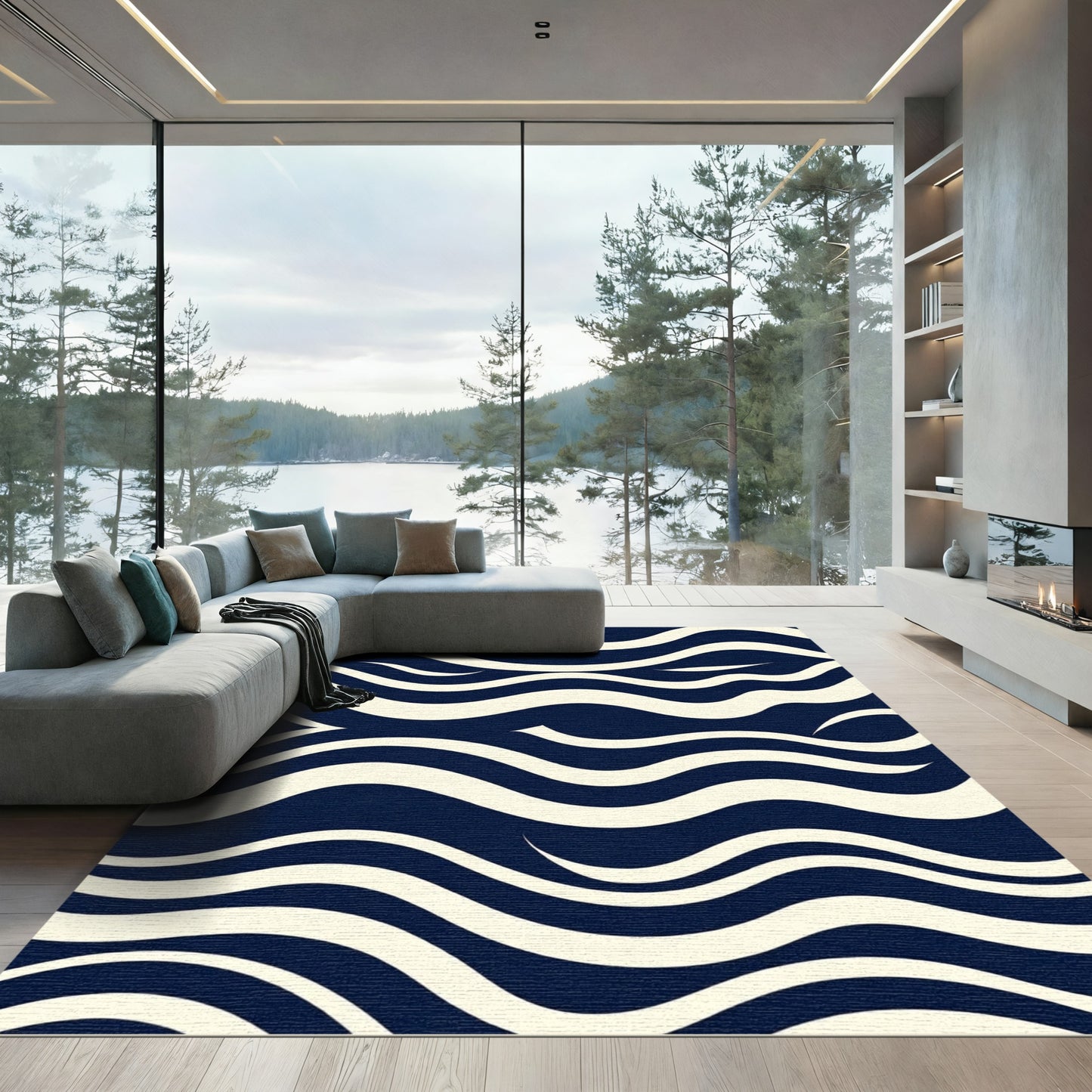 Navy Cream Flowing Wave Abstract Rug