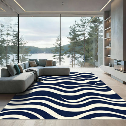 Navy Cream Flowing Wave Abstract Rug