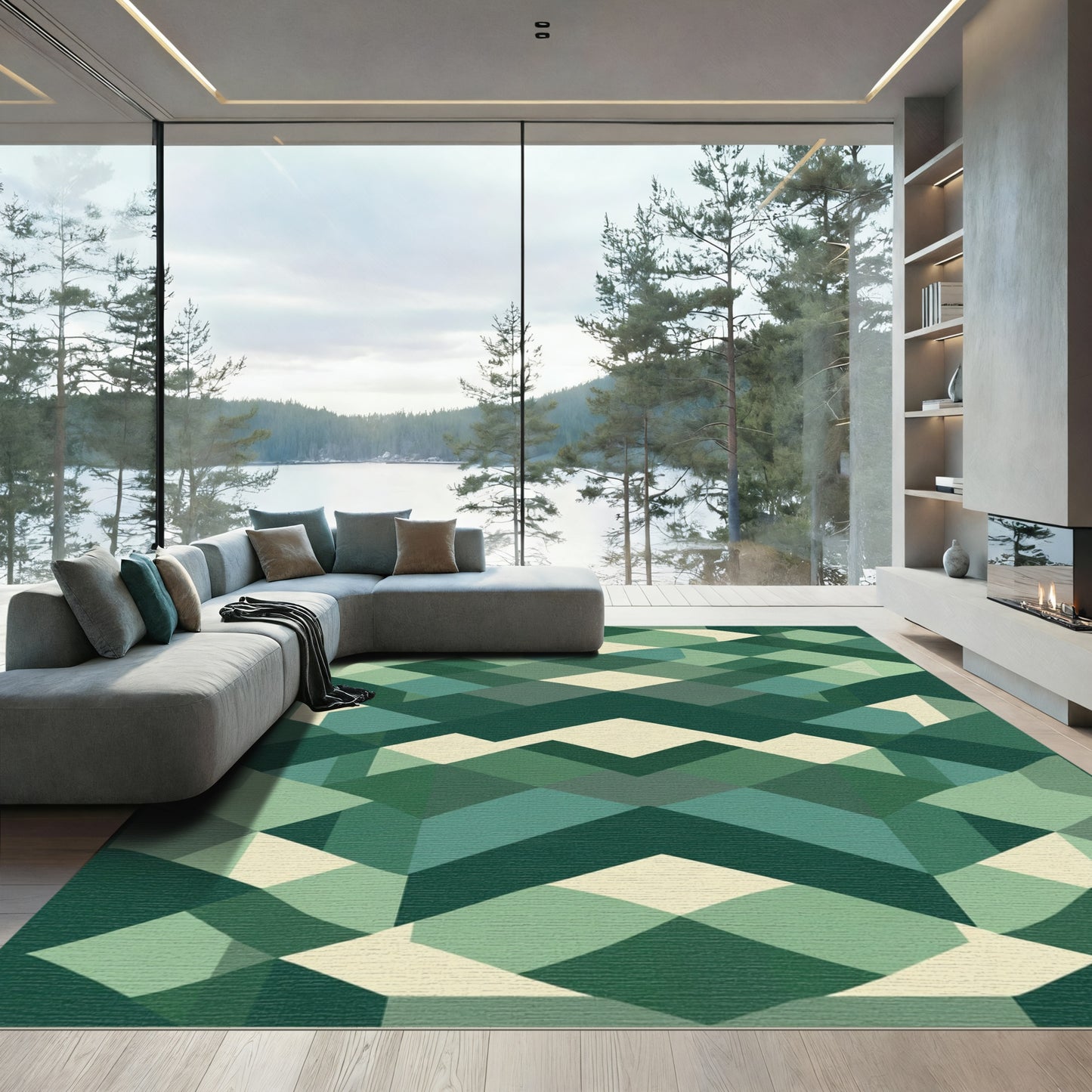 Deep Forest Geometric Faceted Rug
