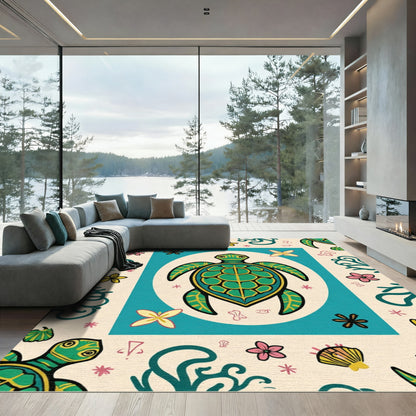 Green Sea Turtle Floral Coral Rug