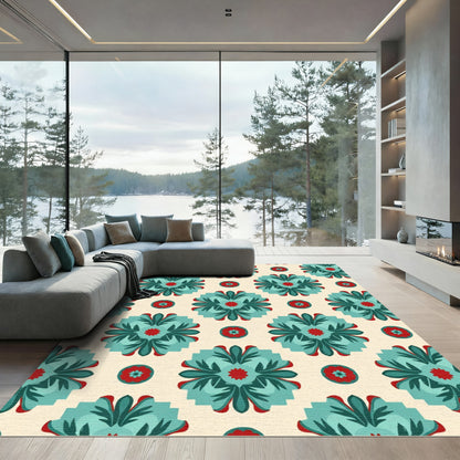 Teal Red Floral Medallion Pattern Rug