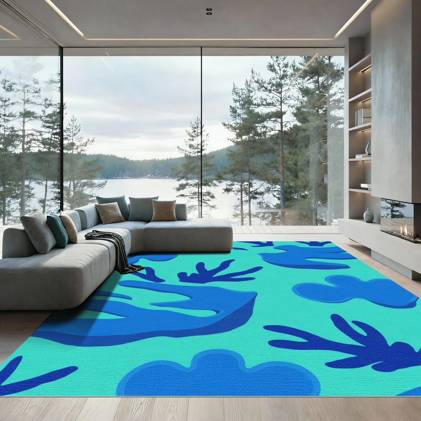 Oceanic Blue Abstract Coral Shapes Rug