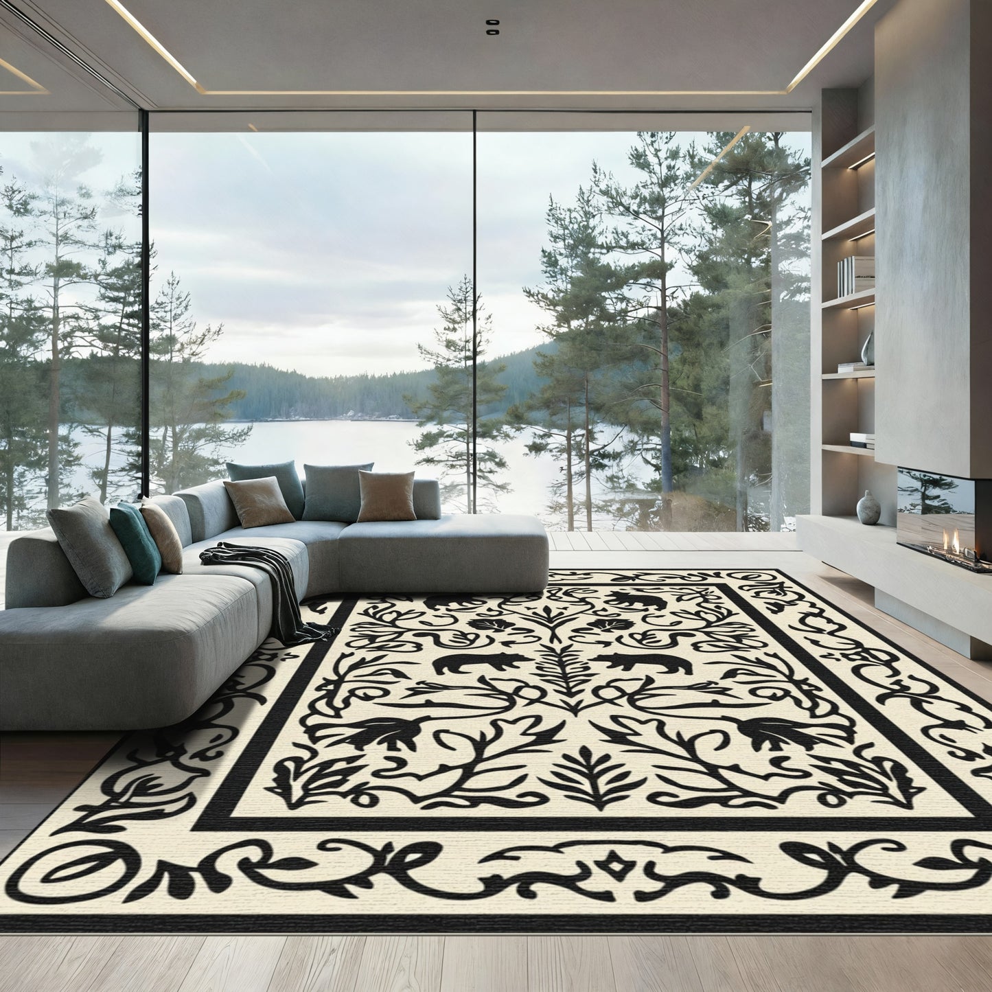 Natural Black Bear Foliage Vine Rug