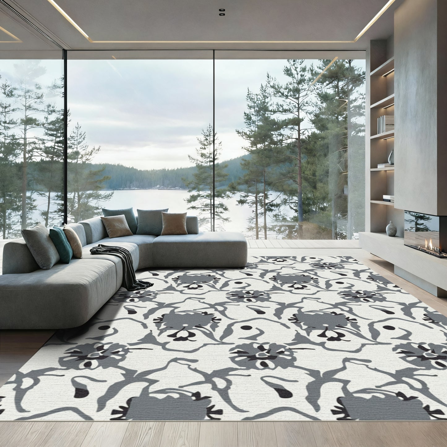 Monochromatic Gray Floral Vine Rug