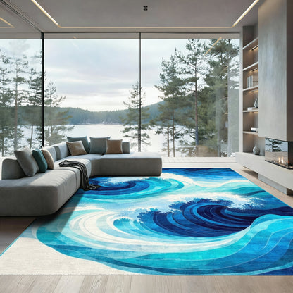 Dynamic Navy Crashing Waves Rug