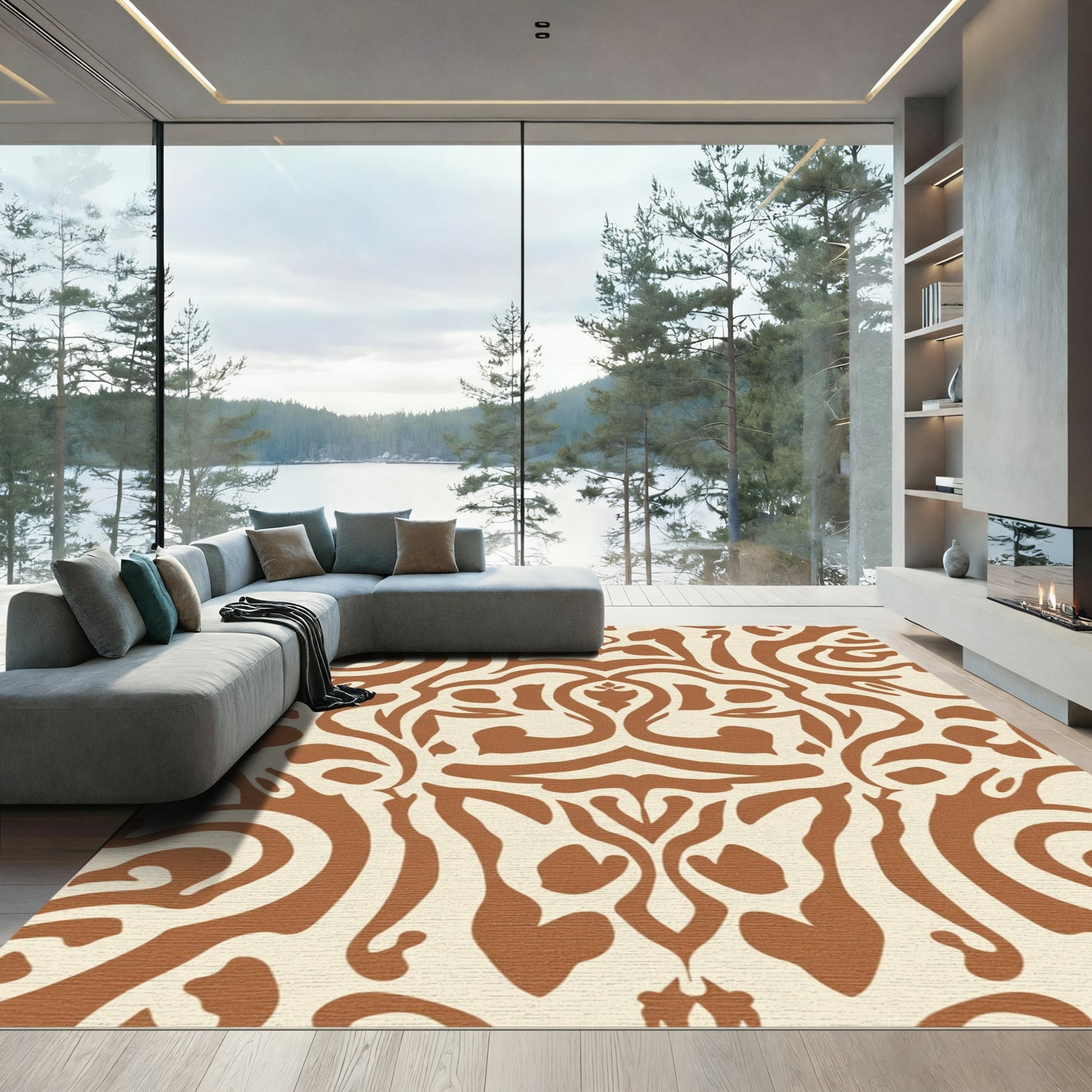 Earthy Brown Abstract Swirl Medallion Rug
