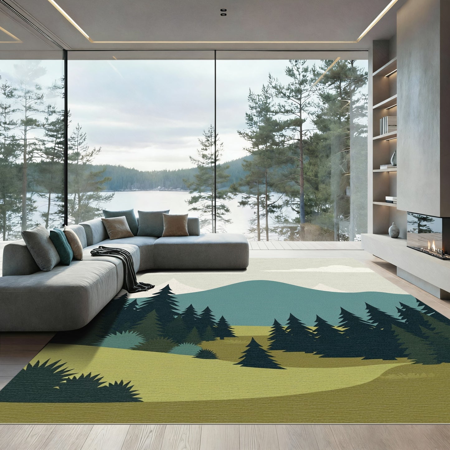 Misty Mountain Pine Forest Landscape Rug