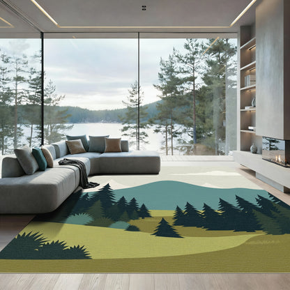 Misty Mountain Pine Forest Landscape Rug