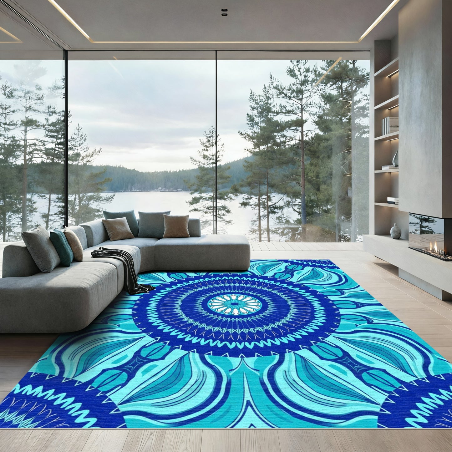 Deep Blue Floral Mandala Rug