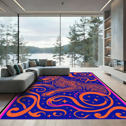 Orange Striped Dog Blue Starry Swirls Rug