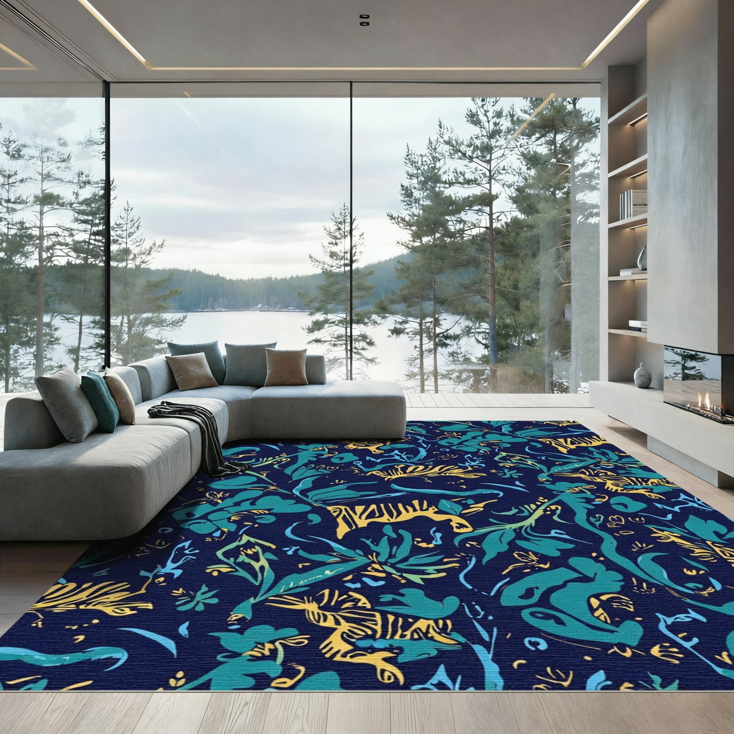 Navy Teal Tiger Floral Jungle Rug