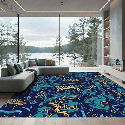 Navy Teal Tiger Floral Jungle Rug