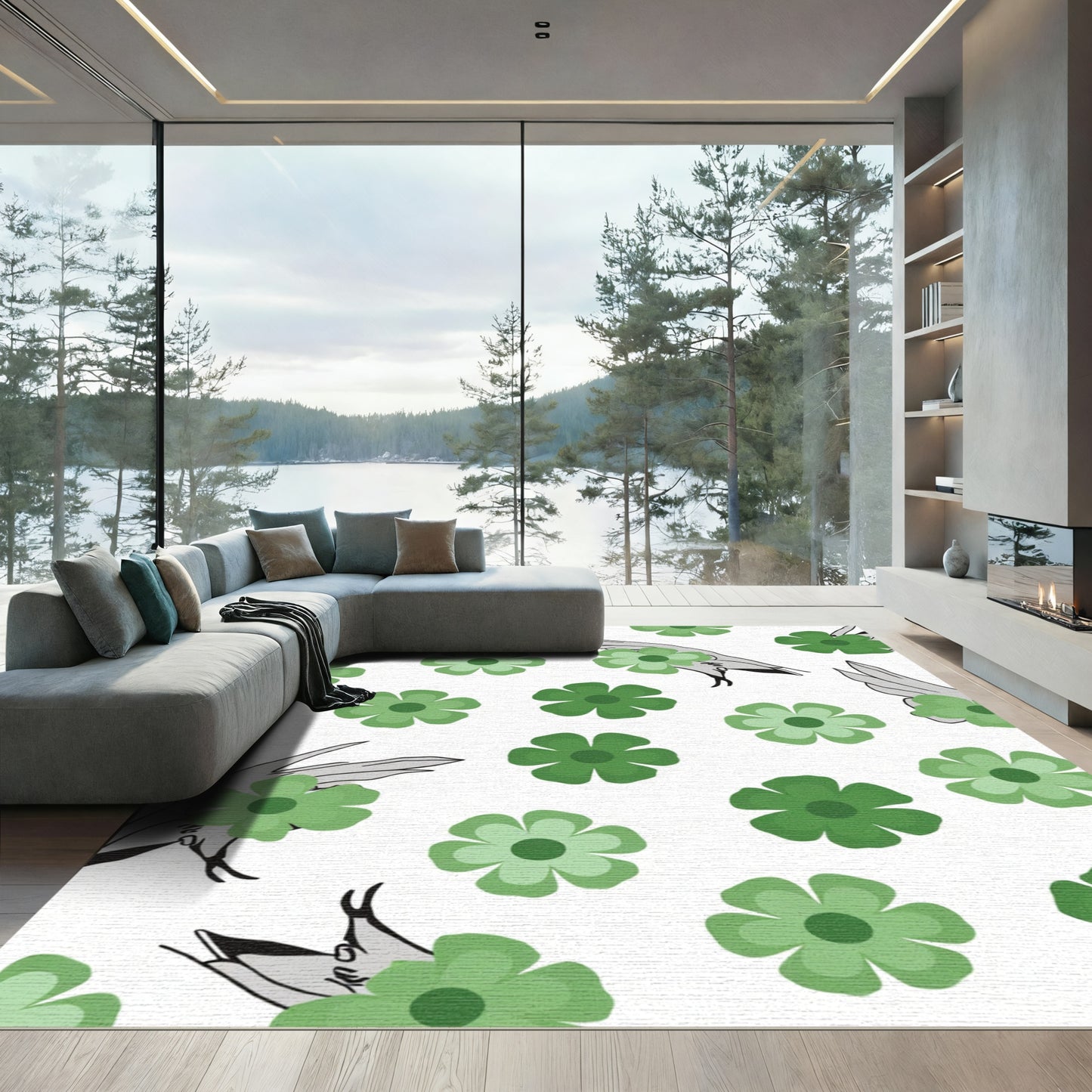 Green Floral Bird Wing Pattern Rug