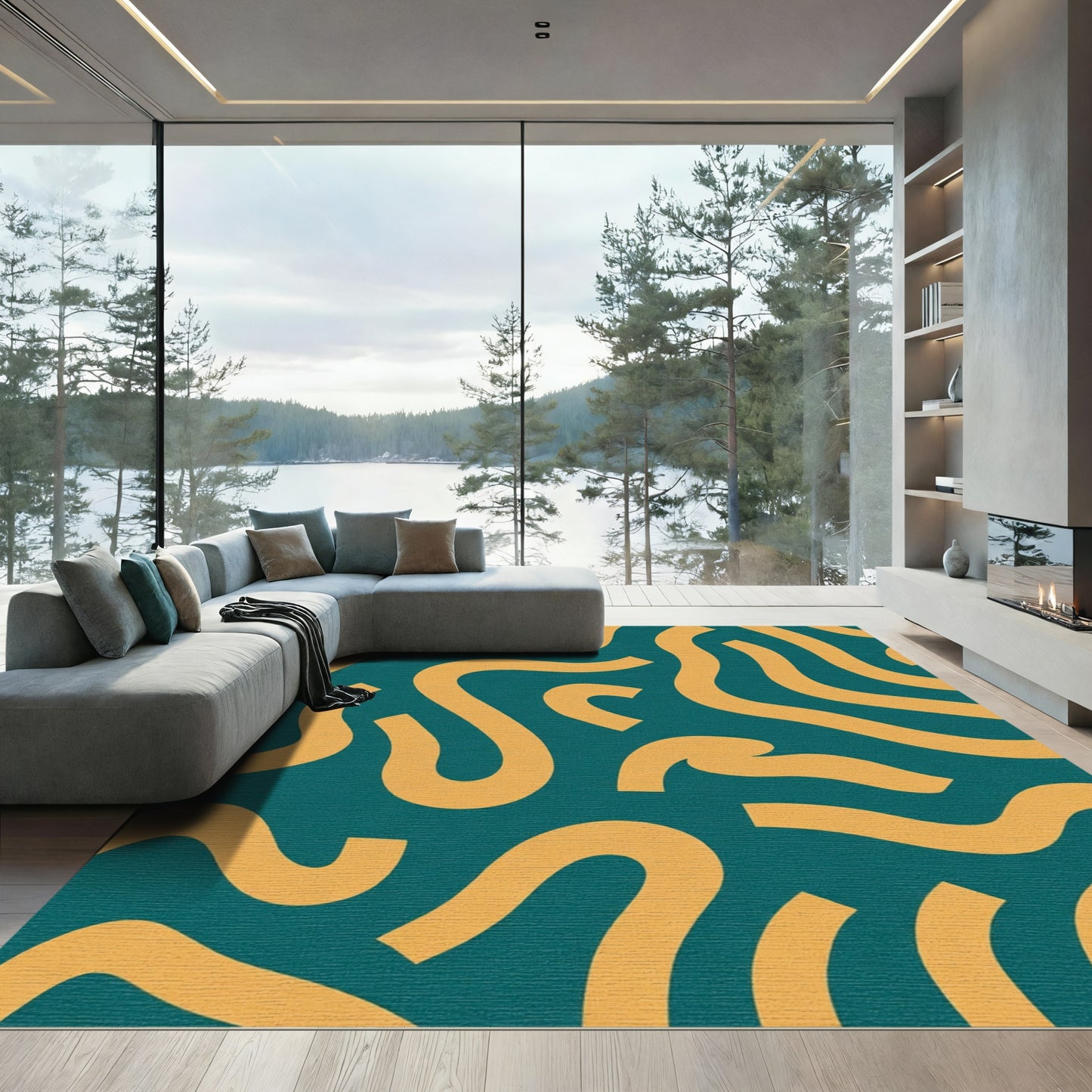Teal Gold Abstract Curve Rug