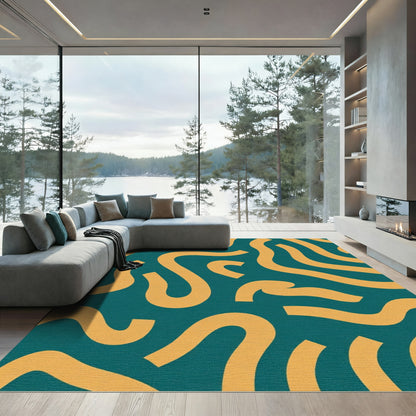 Teal Gold Abstract Curve Rug