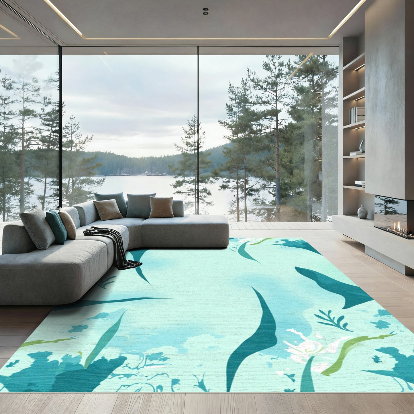 Aqua Abstract Organic Floral Flow Rug