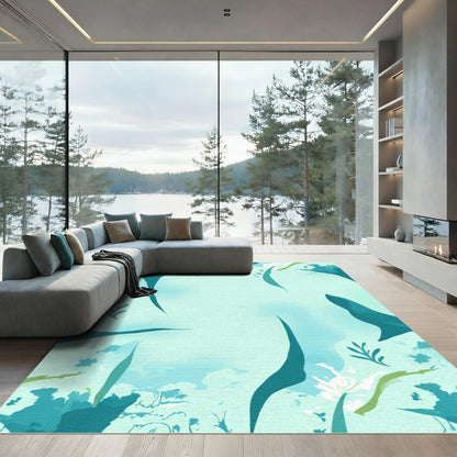 Aqua Abstract Organic Floral Flow Rug