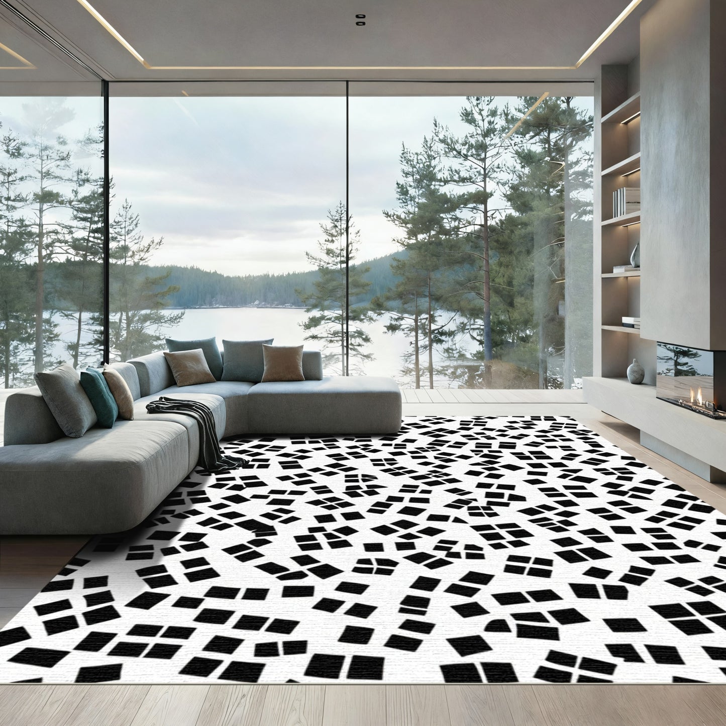 Scattered Black Square Abstract Weave Rug