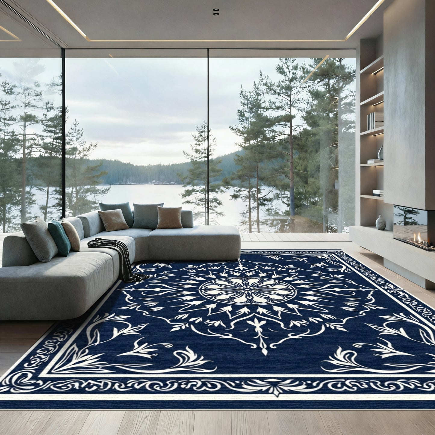 Deep Navy White Floral Medallion Rug